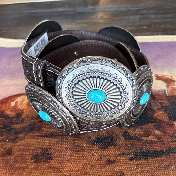 Ariat Accessories - Ariat Brown Leather Concho Belt with Turquoise Accents